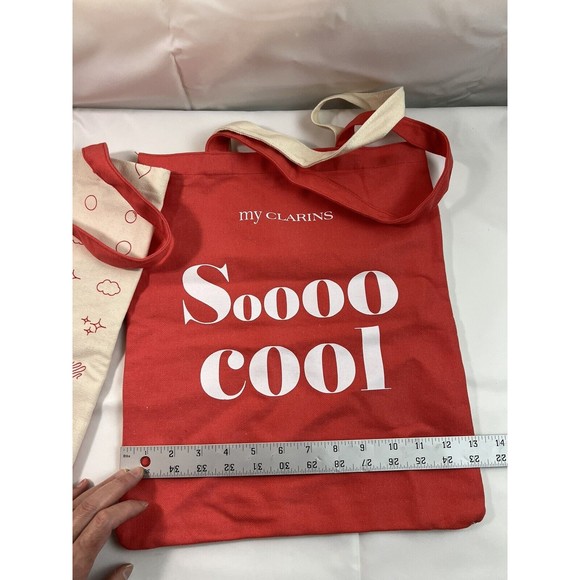 2 of CLARINS Cotton Canvas "Soooo Cool" Reusable Coral & Cream 13"x15" Tote Bag - Picture 5 of 5